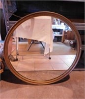 Mid Century framed round wall mirror, 30" diam.