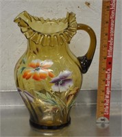 Hand blown art glass pitcher, hand painted