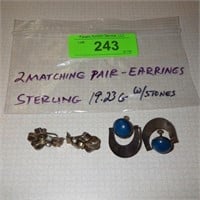 2 PAIR STERLING EARRINGS 19.23 GRAMS W/ STONES