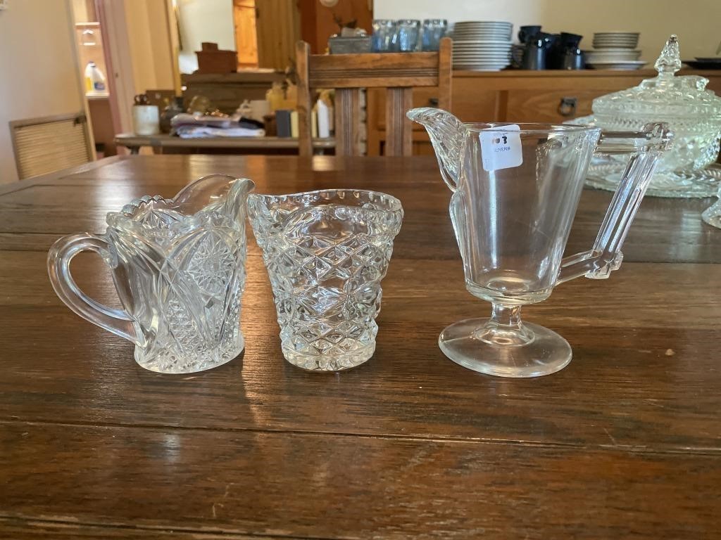 3 CRYSTAL CREAM PITCHERS - PATTERN GLASS DOES