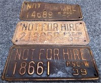 (3) 1930's WI Not For Hire License Plates