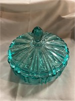 Teal colored glass candy dish