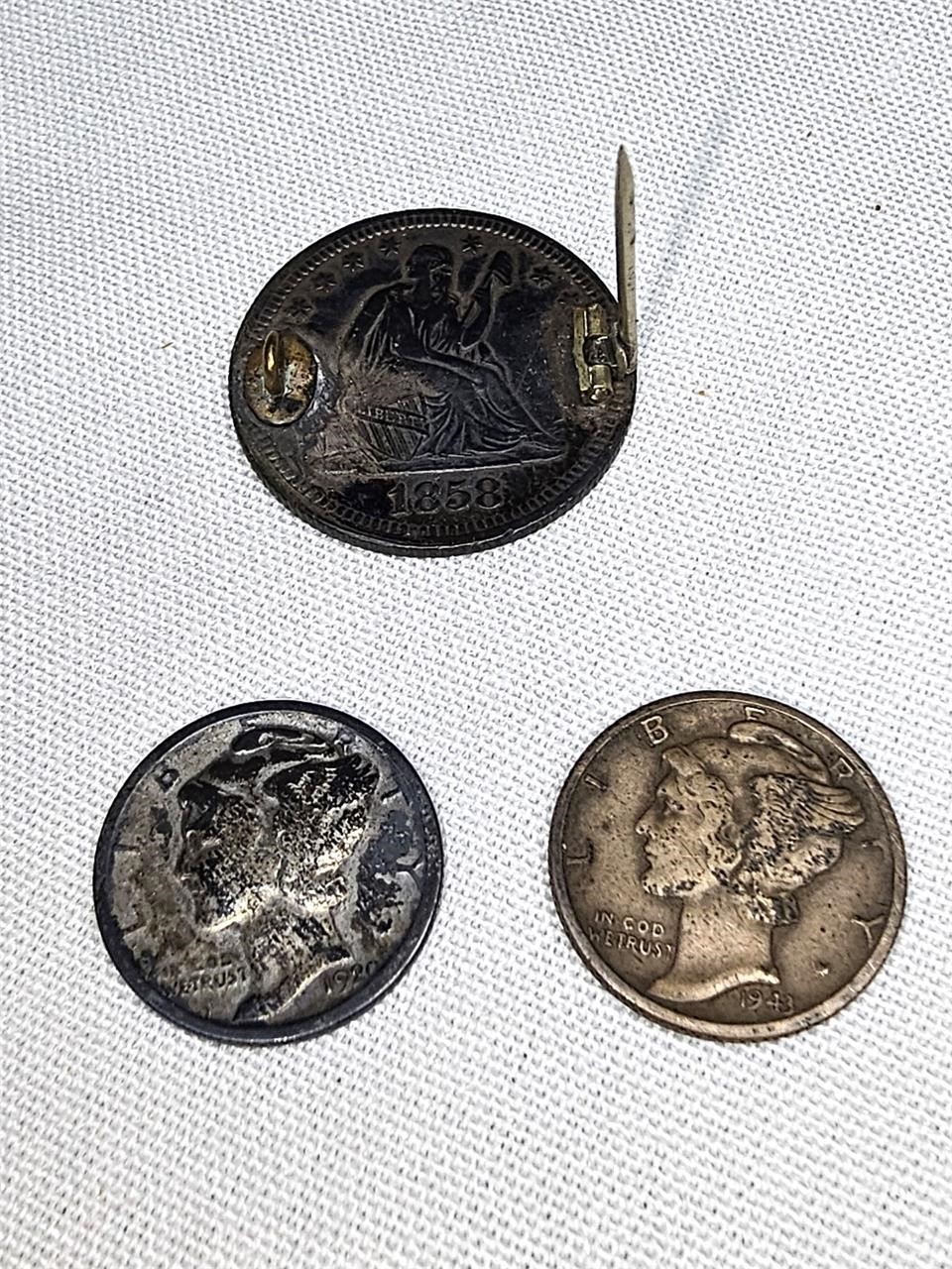 20 & 43D Mercury Dimes & 1858 Seated Liberty Pin
