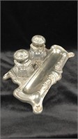 Antique Ornate Floral Double Inkwell Silver Plated