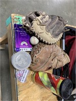 Catchers gloves, dice, tennis balls and trivial