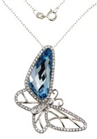 Large Blue Crystal & White Topaz Butterfly Pendant