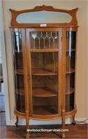 Antique Curved Glass Curio Cabinet w/ Leaded Glass