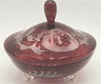 Vtg. Egermann Ruby Red Cut To Clear Candy Dish