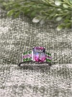 Watermelon Quartz Sterling Silver Multicolor Ring