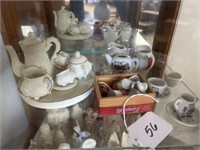2 Shelves of Figurines, & Miniature Tea Sets