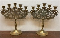 Pair of brass dragon etched candelabras