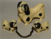 Vtg Celluloid 3pc Mother & Puppies Yorkie Figures