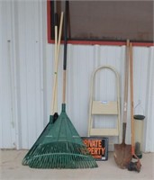 Metal Step Stool, Three Yard Rakes, Three Metal