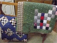 2 hand sewn quilts: 1 w/green edging, 1 as is w/