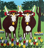 Maude Lewis Silkscreen - Oxen with Tulips