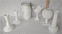 Milk Glass Bowls, Jar, Vases, & Candle Holders