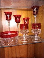 8 pieces of glass four tall ruby candleholder set