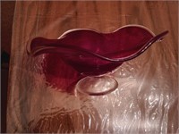 Ruby and clear art glass footed bowl 9.5" wide.