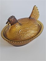 VTG INDIANA GLASS GOLD AMBER HEN ON A NEST