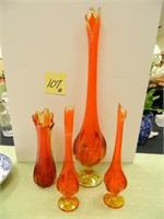 4 Orange Glass Vases (Tallest is 24")