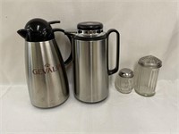 Coffee pots and creamer and sugar shakers