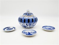 Chinese Blue & White Porcelain Potpourri & 3 plate