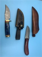 2 Damascus bladed knives, 8" with a wood handle, a