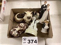CAT FIGURES AND WEDDING STATUES (ONE BROKEN)