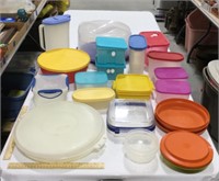 Plastic containers w/ pitcher, cake holder, &