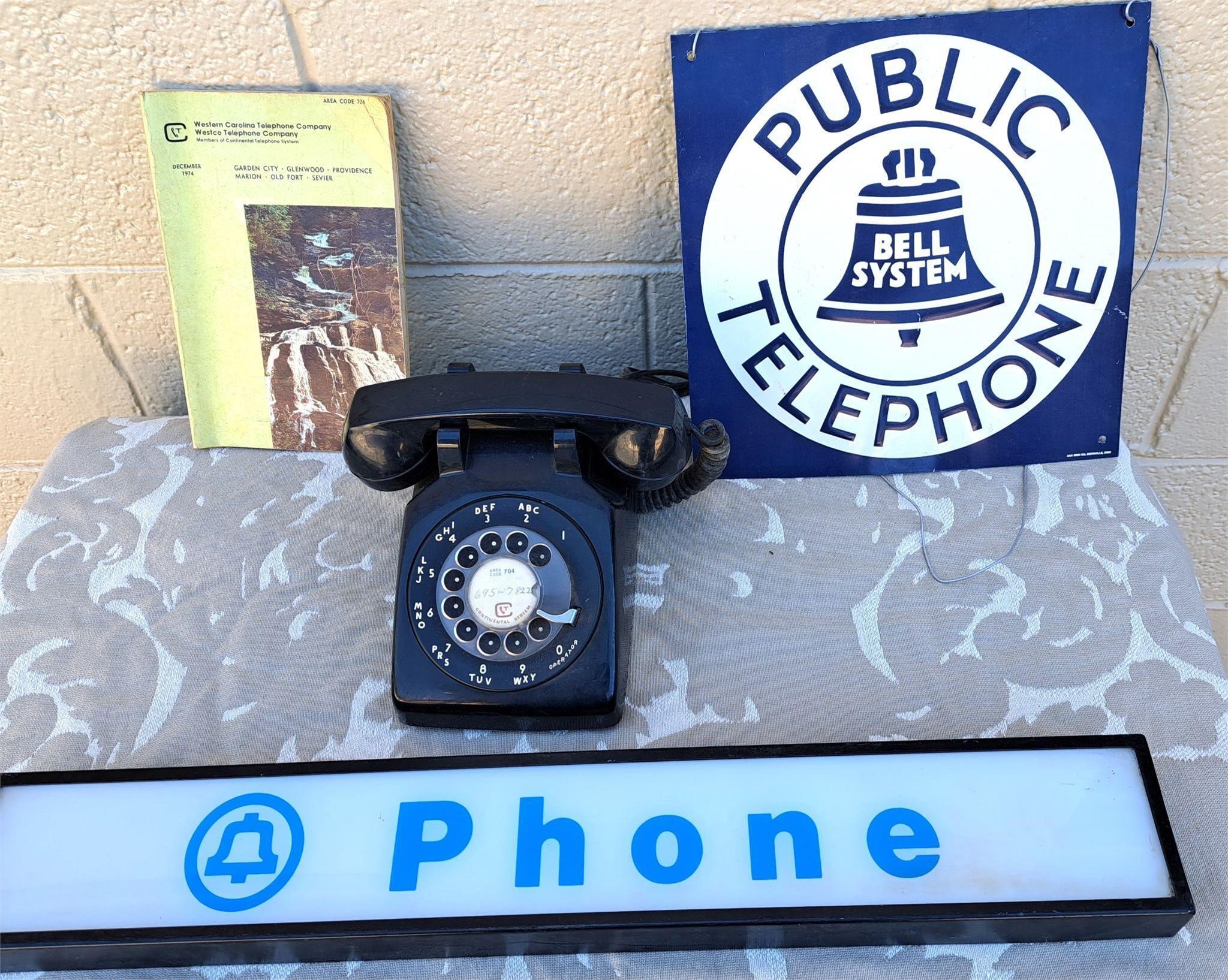 PAY PHONE & ENAMEL TELEPHONE SIGN BLACK PHONE LOT