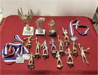Group of metal and plastic trophies and trophy
