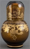 Amber Glass Gilt Decorated Vase Vessel w Lid