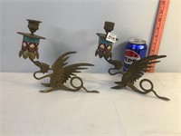 Antique Enamel & Brass Dragon Candlesticks