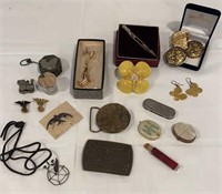 Neat lot of belt buckles, cuff links, jewelry,