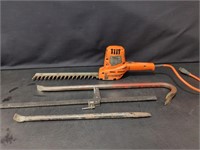 Electric hedge trimmer, crowbars, clamp