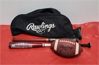 Sports bag, 2 baseball bats and a football