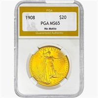 1908 $20 Gold Double Eagle PGA MS65 No Motto