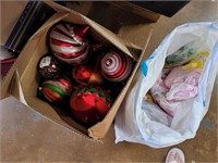 box of large vintage christmas balls and ribbon