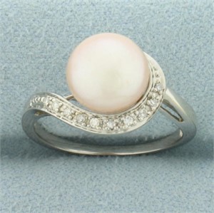 Pink Cultured Button Pearl and Diamond Ring in 10k