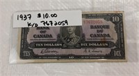 CANADIAN 10 DOLLAR BILL - 1937