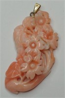 14K Gold Pink Coral Carved Pendant