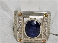 RING MARKED 925 SILVER SQUARE BLUE STONE
