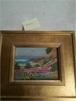 Small signed oil painting .subject ocean, flowers