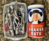 Ceramic quaker oats jar, silverware