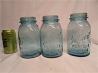 3 Blue Ball Quart Jars - #'s 0,10,14