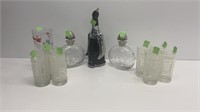 (3) decanters, large rooster glass, (7) water