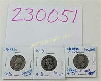 3 World War II Silver Quarters dated 1943