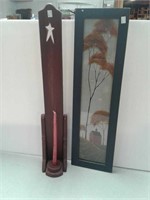 Wood americana candle holder and framed picture