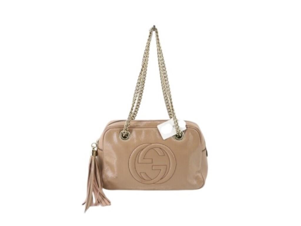 GUCCI GG Beige Enamel Chain Shoulder Bag