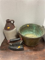 Antique cast iron flat iron, bucket and jug crock